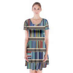 Bookshelf Short Sleeve V-neck Flare Dress by BangZart