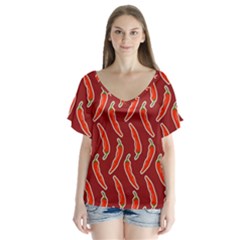 Chili Pattern Red V-neck Flutter Sleeve Top by BangZart