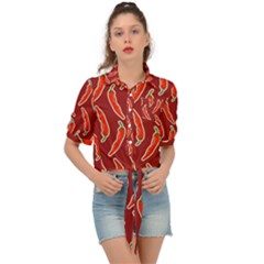 Chili Pattern Red Tie Front Shirt  by BangZart