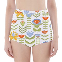 Seamless Pattern With Various Flowers Leaves Folk Motif High-waisted Bikini Bottoms