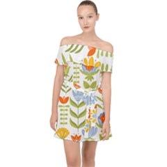 Seamless Pattern With Various Flowers Leaves Folk Motif Off Shoulder Chiffon Dress