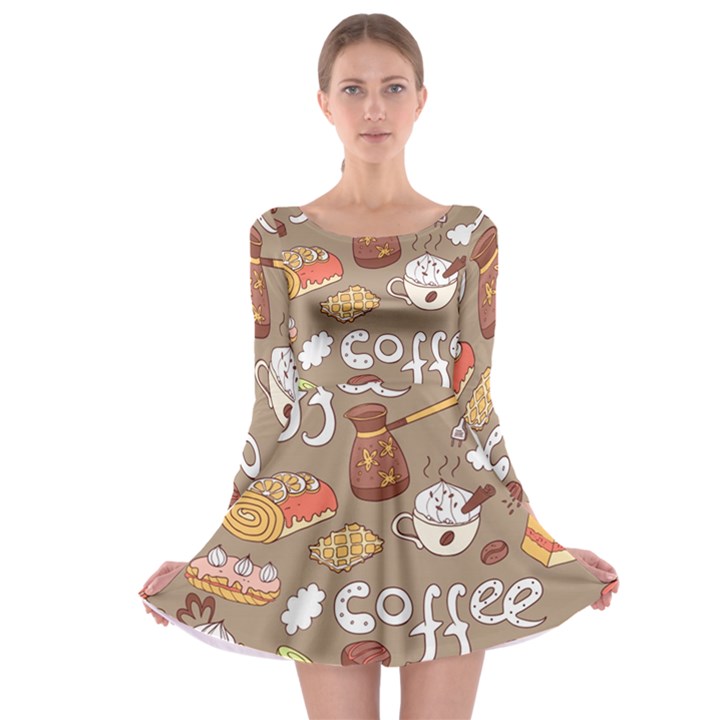 Vector seamless pattern with doodle coffee equipment Long Sleeve Skater Dress