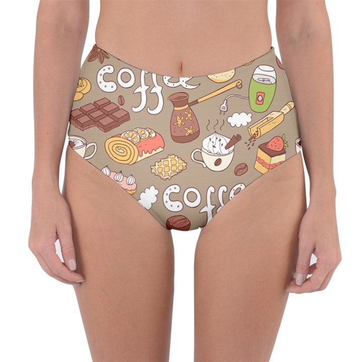 Vector seamless pattern with doodle coffee equipment Reversible High-Waist Bikini Bottoms