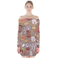 Vector Seamless Pattern With Doodle Coffee Equipment Long Sleeve Off Shoulder Dress by BangZart