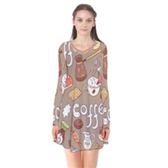 Vector seamless pattern with doodle coffee equipment Long Sleeve V-neck Flare Dress