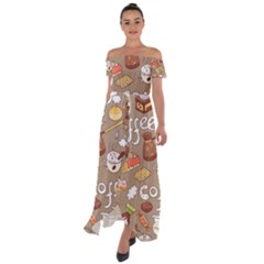 Vector seamless pattern with doodle coffee equipment Off Shoulder Open Front Chiffon Dress