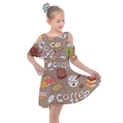 Vector seamless pattern with doodle coffee equipment Kids  Shoulder Cutout Chiffon Dress