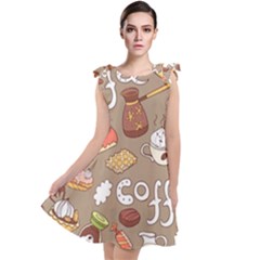 Vector Seamless Pattern With Doodle Coffee Equipment Tie Up Tunic Dress by BangZart