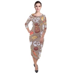 Vector seamless pattern with doodle coffee equipment Quarter Sleeve Midi Velour Bodycon Dress