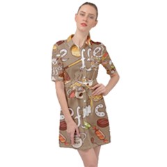 Vector seamless pattern with doodle coffee equipment Belted Shirt Dress