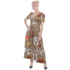 Vector seamless pattern with doodle coffee equipment Button Up Short Sleeve Maxi Dress