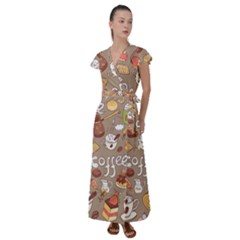 Vector seamless pattern with doodle coffee equipment Flutter Sleeve Maxi Dress
