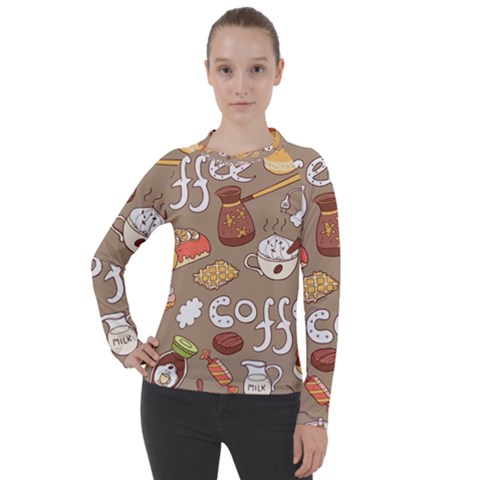 Vector Seamless Pattern With Doodle Coffee Equipment Women s Pique Long Sleeve Tee by BangZart