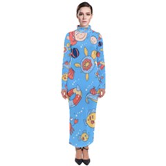 Hand Drawn Seamless Pattern Summer Time Turtleneck Maxi Dress