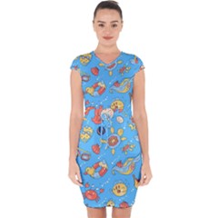 Hand Drawn Seamless Pattern Summer Time Capsleeve Drawstring Dress 