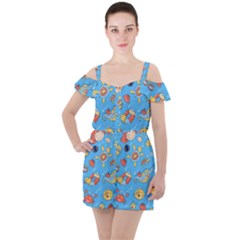 Hand Drawn Seamless Pattern Summer Time Ruffle Cut Out Chiffon Playsuit