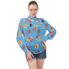 Hand Drawn Seamless Pattern Summer Time High Neck Long Sleeve Chiffon Top by BangZart