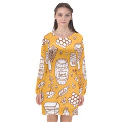 Vector Honey Element Doodle Seamless Pattern With Beehive Beeke Long Sleeve Chiffon Shift Dress 