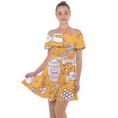 Vector Honey Element Doodle Seamless Pattern With Beehive Beeke Off Shoulder Velour Dress