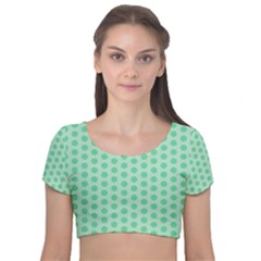 Polka Dots Mint Green, Pastel Colors, Retro, Vintage Pattern Velvet Short Sleeve Crop Top 