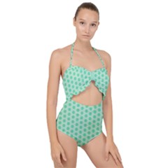 Polka Dots Mint Green, Pastel Colors, Retro, Vintage Pattern Scallop Top Cut Out Swimsuit