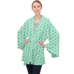 Polka Dots Mint Green, Pastel Colors, Retro, Vintage Pattern Long Sleeve Velvet Kimono 