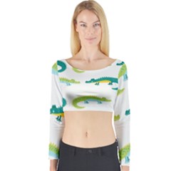 Cute Cartoon Alligator Kids Seamless Pattern With Green Nahd Drawn Crocodiles Long Sleeve Crop Top