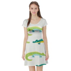 Cute Cartoon Alligator Kids Seamless Pattern With Green Nahd Drawn Crocodiles Short Sleeve Skater Dress