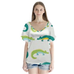 Cute Cartoon Alligator Kids Seamless Pattern With Green Nahd Drawn Crocodiles V-neck Flutter Sleeve Top