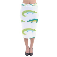 Cute Cartoon Alligator Kids Seamless Pattern With Green Nahd Drawn Crocodiles Velvet Midi Pencil Skirt