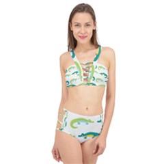 Cute Cartoon Alligator Kids Seamless Pattern With Green Nahd Drawn Crocodiles Cage Up Bikini Set