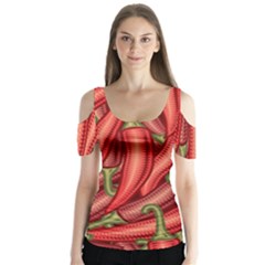 Seamless Chili Pepper Pattern Butterfly Sleeve Cutout Tee 