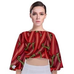 Seamless Chili Pepper Pattern Tie Back Butterfly Sleeve Chiffon Top