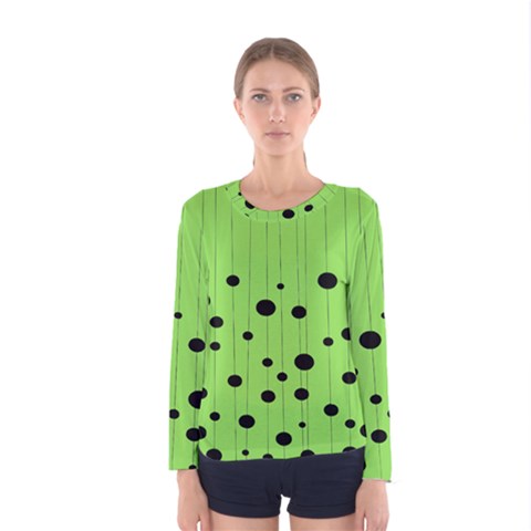 Bubbles At Strings Lemon Green And Black, Geometrical Pattern Women s Long Sleeve Tee by Casemiro