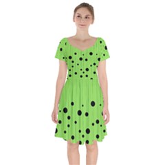 Bubbles At Strings Lemon Green And Black, Geometrical Pattern Short Sleeve Bardot Dress by Casemiro