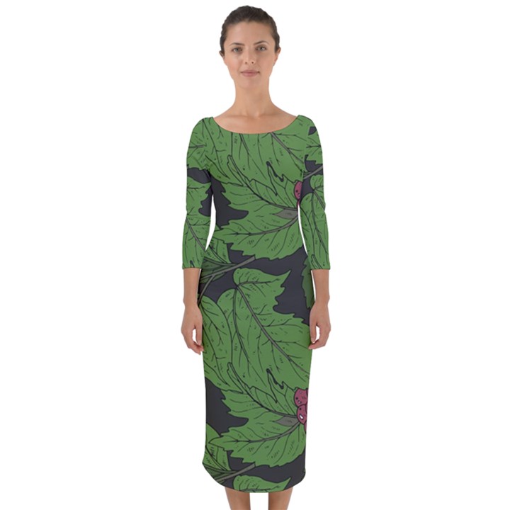 Seamless pattern with hand drawn guelder rose branches Quarter Sleeve Midi Bodycon Dress