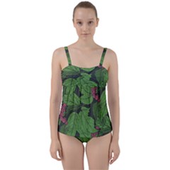 Seamless Pattern With Hand Drawn Guelder Rose Branches Twist Front Tankini Set