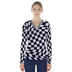 Weaving Racing Flag, Black And White Chess Pattern V-neck Long Sleeve Top by Casemiro