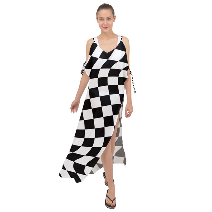 Weaving racing flag, black and white chess pattern Maxi Chiffon Cover Up Dress