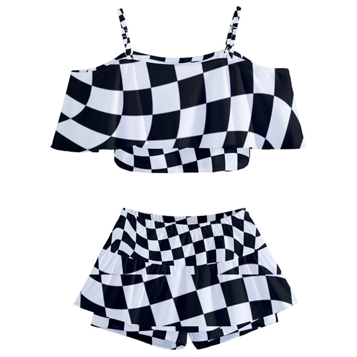 Weaving racing flag, black and white chess pattern Kids  Off Shoulder Skirt Bikini