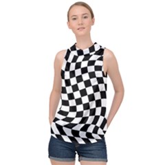 Weaving Racing Flag, Black And White Chess Pattern High Neck Satin Top by Casemiro