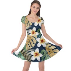 Seamless Pattern With Tropical Flowers Leaves Exotic Background Cap Sleeve Dress