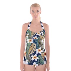 Seamless Pattern With Tropical Flowers Leaves Exotic Background Boyleg Halter Swimsuit 