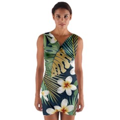 Seamless Pattern With Tropical Flowers Leaves Exotic Background Wrap Front Bodycon Dress