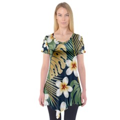 Seamless Pattern With Tropical Flowers Leaves Exotic Background Short Sleeve Tunic 