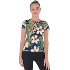 Seamless Pattern With Tropical Flowers Leaves Exotic Background Short Sleeve Sports Top 