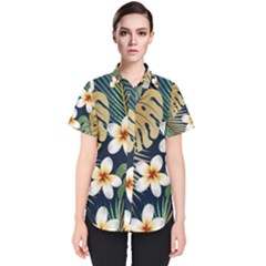 Seamless Pattern With Tropical Flowers Leaves Exotic Background Women s Short Sleeve Shirt