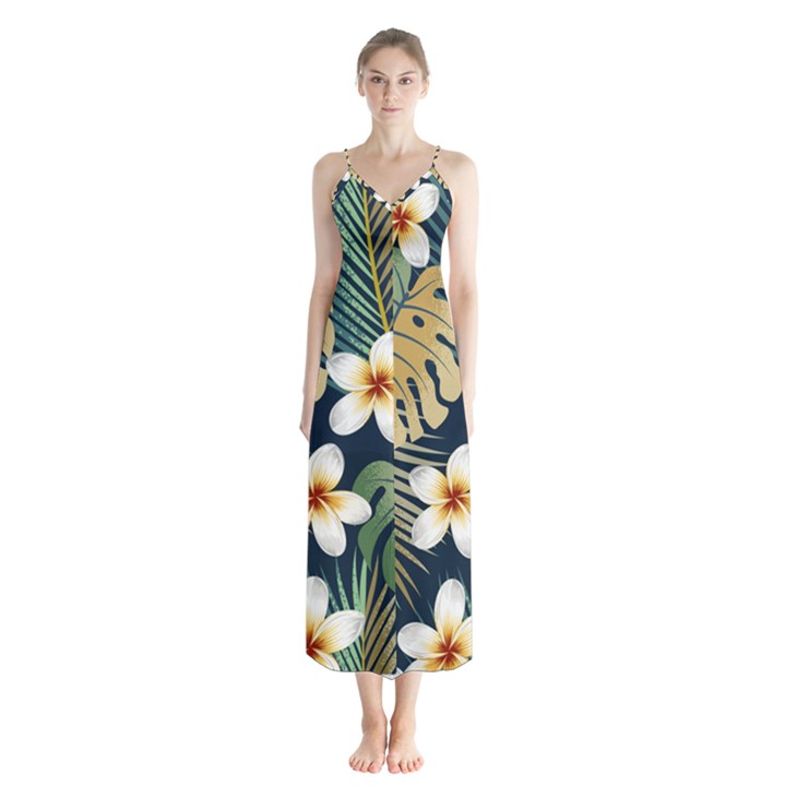 Seamless pattern with tropical flowers leaves exotic background Button Up Chiffon Maxi Dress