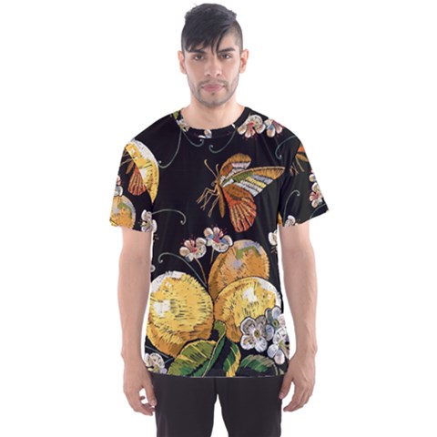 Embroidery Blossoming Lemons Butterfly Seamless Pattern Men s Sport Mesh Tee by BangZart