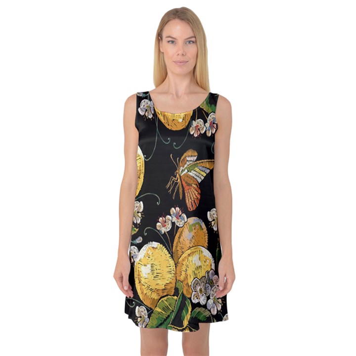 Embroidery blossoming lemons butterfly seamless pattern Sleeveless Satin Nightdress